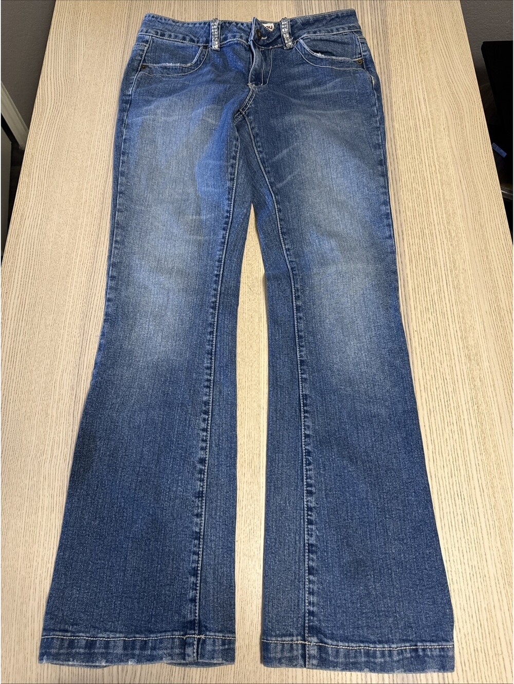 Bisou Bisou Y2K Rhinestone Embellished Bootcut Jeans Blue Mid Rise Denim Size 10